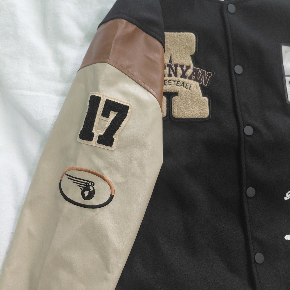 Varsity Letterman Jacket Black Cream Mens Altnyan Streetball Embroidered Snap XL - Picture 4 of 11